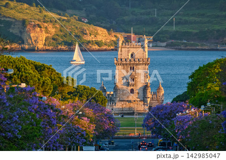 Belem Tower framed by jacaranda trees and sailboats on the Tagus River in Lisbon Belem Tower framed by jacaranda trees and sailboats on the Tagus River in Lisbon 142985047