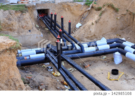 District heating pipelines in trenches District heating pipelines in trenches 142985108