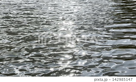 Scenery surface of pond illuminated by sun at summertime. Calm view on sea with small waves at sunny day. Beautiful summer nature landscape. Concept of tranquility scene. Slow motion Scenery surface of pond illuminated by sun at summertime. Calm view on sea with small waves at sunny day. Beautiful summer nature landscape. Concept of tranquility scene. Slow motion 142985147
