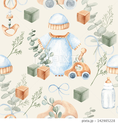 Baby boy watercolor seamless pattern with blue onesie or bodysuit, eucalyptus and wooden toys on a beige background. Perfect for baby shower designs, nursery decor, and newborn-related products Baby boy watercolor seamless pattern with blue onesie or bodysuit, eucalyptus and wooden toys on a beige background. Perfect for baby shower designs, nursery decor, and newborn-related products 142985228