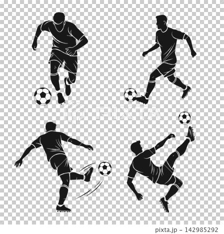 Four black-and-white vector silhouettes depicting soccer players in various dynamic poses are displayed in the selected area Four black-and-white vector silhouettes depicting soccer players in various dynamic poses are displayed in the selected area 142985292