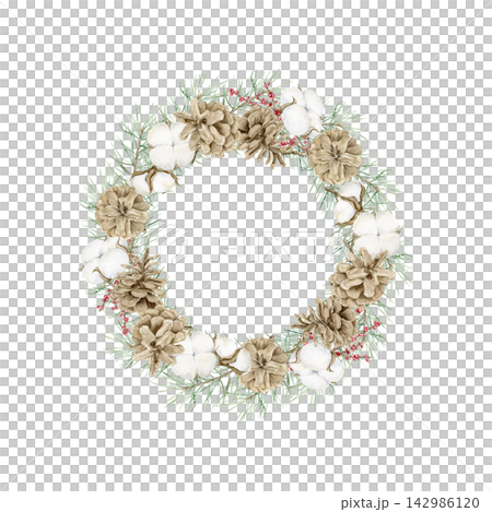 Pine branches, pinecones, cotton bolls and red berries watercolor Christmas round wreath illustration. Festive winter sticker template with copy space. Hand drawn botanical frame clipart. Pine branches, pinecones, cotton bolls and red berries watercolor Christmas round wreath illustration. Festive winter sticker template with copy space. Hand drawn botanical frame clipart. 142986120