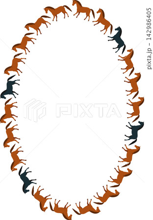 Horses animal oval frame. Derby game template for your text. Hand drawn vector illustration Horses animal oval frame. Derby game template for your text. Hand drawn vector illustration 142986405