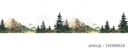Mountain Alpine landscape with evergreen firs and autumn mixed forest seamless border. Watercolor realistic painted fall coniferous, deciduous woods on isolated white background pattern. Illustration Mountain Alpine landscape with evergreen firs and autumn mixed forest seamless border. Watercolor realistic painted fall coniferous, deciduous woods on isolated white background pattern. Illustration 142986620
