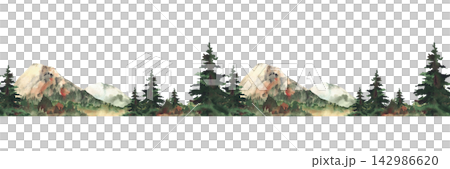 Mountain Alpine landscape with evergreen firs and autumn mixed forest seamless border. Watercolor realistic painted fall coniferous, deciduous woods on isolated white background pattern. Illustration Mountain Alpine landscape with evergreen firs and autumn mixed forest seamless border. Watercolor realistic painted fall coniferous, deciduous woods on isolated white background pattern. Illustration 142986620