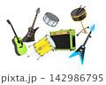 Set of electric acoustic guitars and drums with cymbals on white background 142986795