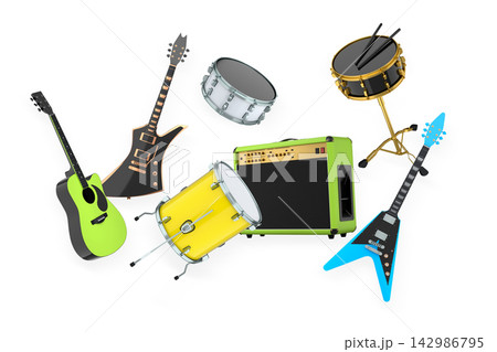 Set of electric acoustic guitars and drums with cymbals on white background 142986795