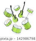 Set of electric acoustic guitars and drums with cymbals on white background 142986798