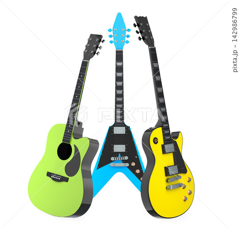 Set of electric acoustic guitars isolated on white background. 142986799