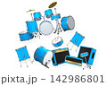 Set of electric acoustic guitars and drums with cymbals on white background 142986801