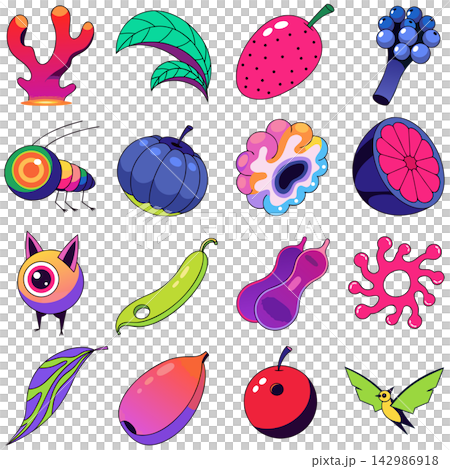 The image shows a set of colorful, cartoon-style fantasy fruits, unreal berries, and whimsical botanical or creature-like assets The image shows a set of colorful, cartoon-style fantasy fruits, unreal berries, and whimsical botanical or creature-like assets 142986918