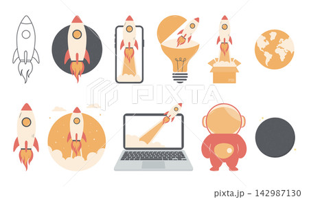 Rocket launch and space start up flat icon collection 142987130