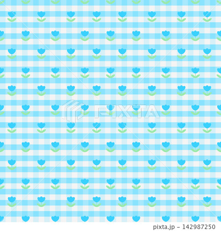Bright Blue Tulip Gingham Seamless Pattern with Cute Checkered Background Bright Blue Tulip Gingham Seamless Pattern with Cute Checkered Background 142987250