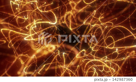 Abstract golden light trails and dotted lines on a warm dark background, forming a radiant energetic pattern with a luxurious futuristic feel. 142987360