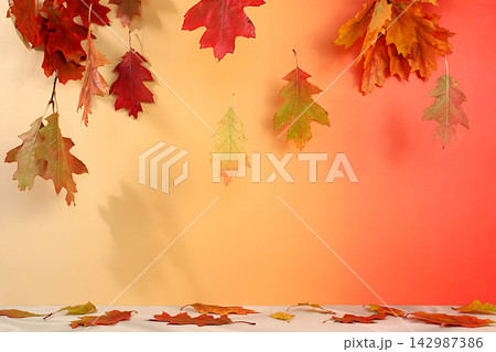Creative autumn composition and screen banner. An empty, modern, and elegant product display table with maple leaves against a kitchen background,minimalist autumn concept. Thanksgiving greeting card. 142987386