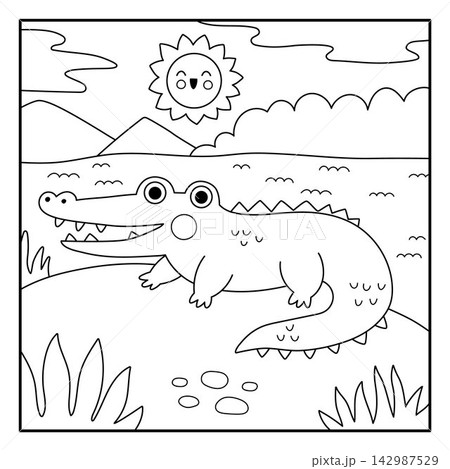 Square cartoon black and white scene with crocodile, water, sun. African savanna background with cute animal. Safari nature landscape, coloring page for kids. Savannah wildlife scenery with alligator Square cartoon black and white scene with crocodile, water, sun. African savanna background with cute animal. Safari nature landscape, coloring page for kids. Savannah wildlife scenery with alligator 142987529