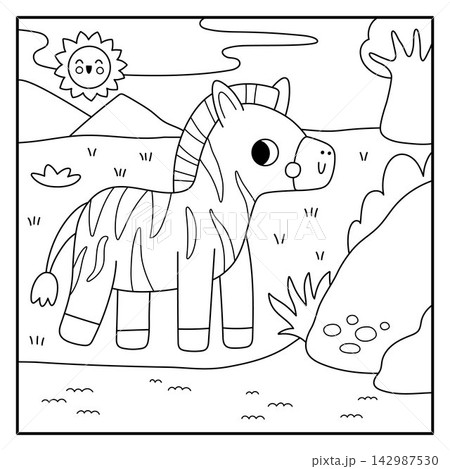 Square cartoon black and white scene with zebra, baobab tree, water. African savanna background with line cartoon animal. Safari nature landscape, coloring page for kids. Savannah wildlife scenery Square cartoon black and white scene with zebra, baobab tree, water. African savanna background with line cartoon animal. Safari nature landscape, coloring page for kids. Savannah wildlife scenery 142987530