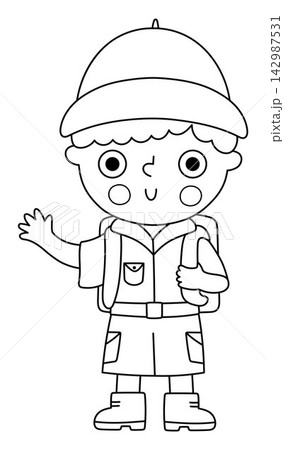Vector black and white boy in khaki clothes going on safari. Savanna line traveler kid waving hand. Africa tourist with backpack. Cute child explorer coloring page. Savannah adventure man Vector black and white boy in khaki clothes going on safari. Savanna line traveler kid waving hand. Africa tourist with backpack. Cute child explorer coloring page. Savannah adventure man 142987531