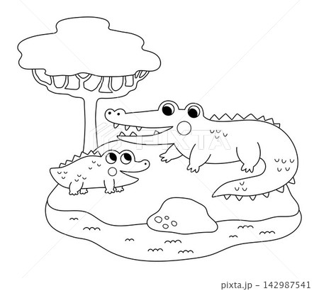 Vector black and white African crocodile with baby on grass under sun. Line cartoon savanna family scene for kids. Safari animals on natural background. Savannah mother and baby coloring page 142987541