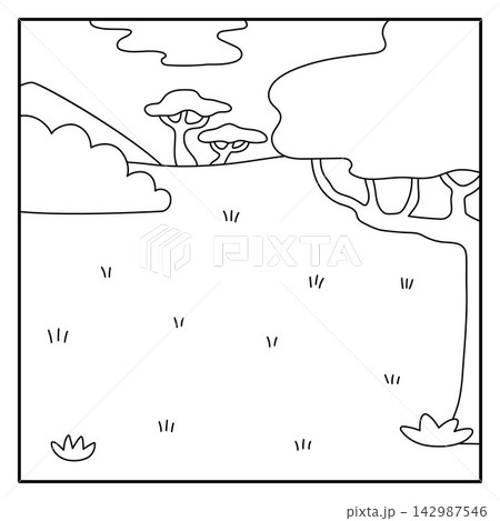 Cartoon African black and white savanna background. Empty line safari nature landscape with trees, plants, mountains, sun grass. Wild savannah square scene, coloring page Cartoon African black and white savanna background. Empty line safari nature landscape with trees, plants, mountains, sun grass. Wild savannah square scene, coloring page 142987546