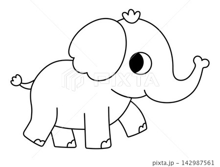 Vector cartoon black and white little baby elephant. Funny African or safari animal kid clipart. Cute savannah icon for kids. Line savanna element. Africa wildlife illustration, coloring page Vector cartoon black and white little baby elephant. Funny African or safari animal kid clipart. Cute savannah icon for kids. Line savanna element. Africa wildlife illustration, coloring page 142987561