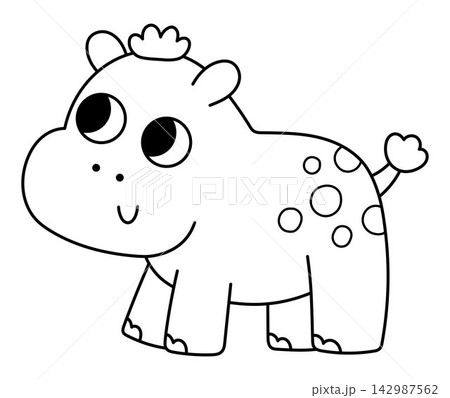 Vector cartoon black and white baby hippopotamus. Little African safari animal clipart. Cute savannah hippo child icon for kids. Line savanna element. Africa wildlife illustration, coloring page Vector cartoon black and white baby hippopotamus. Little African safari animal clipart. Cute savannah hippo child icon for kids. Line savanna element. Africa wildlife illustration, coloring page 142987562