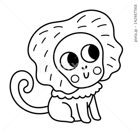 Vector cartoon black and white baby baboon. Funny African or safari little animal clipart. Cute savannah monkey child icon for kids. Line savanna element. Africa wildlife illustration, coloring page 142987568