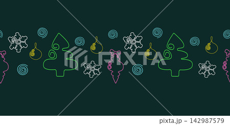Seamless Neon horizontal strip with winter trees, hanging baubles, snowflakes and decorative spiral. This vector illustration suits festive banners, greeting cards, party invitations and gift wrapping Seamless Neon horizontal strip with winter trees, hanging baubles, snowflakes and decorative spiral. This vector illustration suits festive banners, greeting cards, party invitations and gift wrapping 142987579