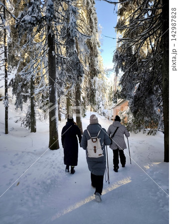 People are walking along a snow-covered forest trail in winter, using Nordic walking poles. 142987828