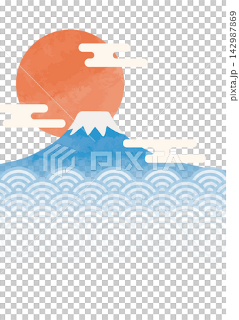 日出、富士山,以及帶有波浪圖案的傳統日本新年賀卡背景。 日出、富士山,以及帶有波浪圖案的傳統日本新年賀卡背景。 142987869