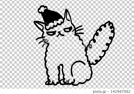 A monochrome line drawing vector illustration of a cute, grumpy, fluffy cat wearing a Santa hat. A monochrome line drawing vector illustration of a cute, grumpy, fluffy cat wearing a Santa hat. 142987882