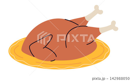 Roasted turkey or chicken served on a plate. Classic festive food for Thanksgiving dinner, holiday meals and harvest celebrations. Flat vector illustration isolated on white background Roasted turkey or chicken served on a plate. Classic festive food for Thanksgiving dinner, holiday meals and harvest celebrations. Flat vector illustration isolated on white background 142988050