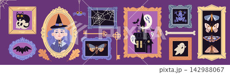 Witchcraft collection of decorative frames with magical images like a witch, haunted house, bats and moths. A whimsical fantasy art for mystical themes. Flat vector illustration Witchcraft collection of decorative frames with magical images like a witch, haunted house, bats and moths. A whimsical fantasy art for mystical themes. Flat vector illustration 142988067