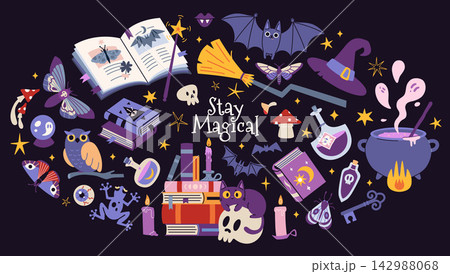 Magical witchcraft set with spell books, potions, candles and mystical creatures. Magical and whimsical fantasy atmosphere art. Trendy modern vector illustration on black background, flat design 142988068