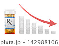 Prescription medication tapering with decreasing pill dosage and down arrow. 3D rendering 142988106