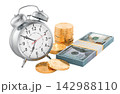 Time is money concept with alarm clock, dollar bills and gold coins. 3D rendering 142988110
