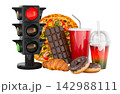 Traffic light and junk food selection concept with pizza, donuts and soft drinks. 3D rendering 142988111