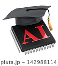 AI education and artificial intelligence training with graduation cap on microchip. 3D rendering 142988114
