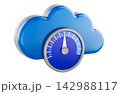 Cloud computing performance with speed gauge and blue cloud icon. 3D rendering 142988117
