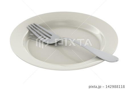 Empty plate with fork for fasting, hunger and calorie restriction concept. 3D rendering 142988118