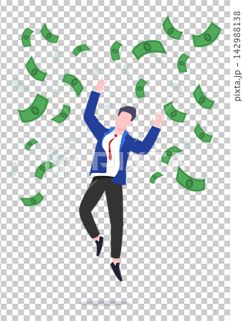 Successful person celebrates under currency notes rain stock illustration. Successful person celebrates under currency notes rain stock illustration. 142988138