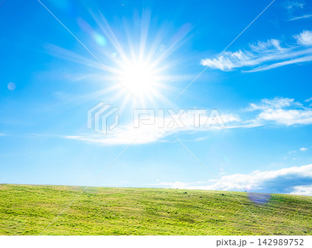 青空と草原と眩い光の太陽のあるシンプルなイメージ風景 142989752