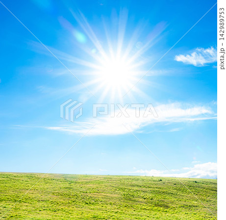 青空と草原と眩い光の太陽のあるシンプルなイメージ風景 142989753