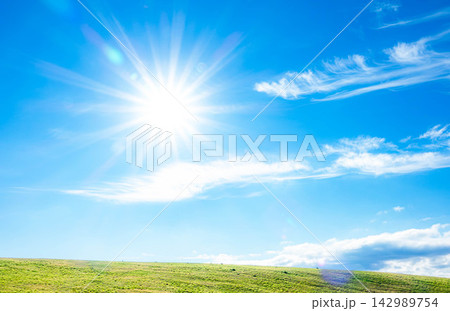 青空と草原と眩い光の太陽のあるシンプルなイメージ風景 142989754