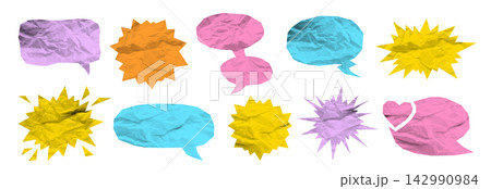 Hand cut crumpled paper speech bubble set halftone dotted texture irregular notebook dialog balloon Hand cut crumpled paper speech bubble set halftone dotted texture irregular notebook dialog balloon 142990984