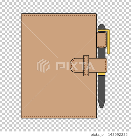 A simple illustration of a notebook with a belt and a pen. 142992223
