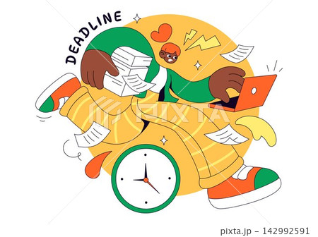 Deadline Vector Illustration featuring Busy Freelancer Managing Urgent Tasks, Laptop, Documents, Calendar, Clock, and Time Pressure at Work 142992591