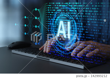 AIとニューラルネットワーク。機械学習によるデータ処理と分析の抽象的なビジュアライゼーション。デスク AIとニューラルネットワーク。機械学習によるデータ処理と分析の抽象的なビジュアライゼーション。デスク 142993212