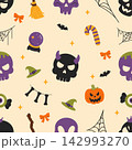 Halloween decorative pattern with skulls, witch hats, pumpkins, bats, broom and spooky seasonal elements 142993270