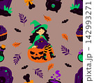 Halloween seamless pattern with cute witch, pumpkin, bats, leaves and festive decorations 142993271